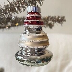 Radko Shiny Brite Glitter Striped Ornament Finial Bell Red Green‎ White Mcm